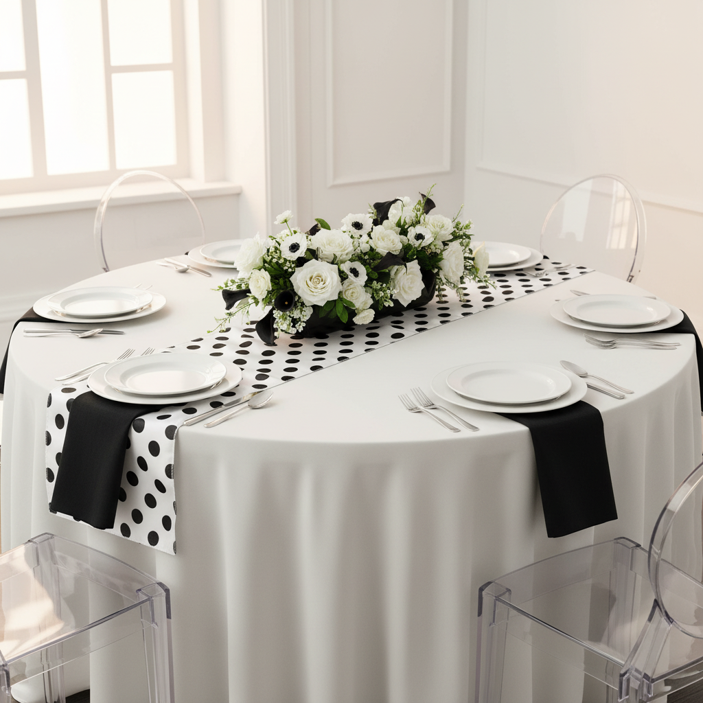 Polka Dot Satin Table Runner - Black & White.