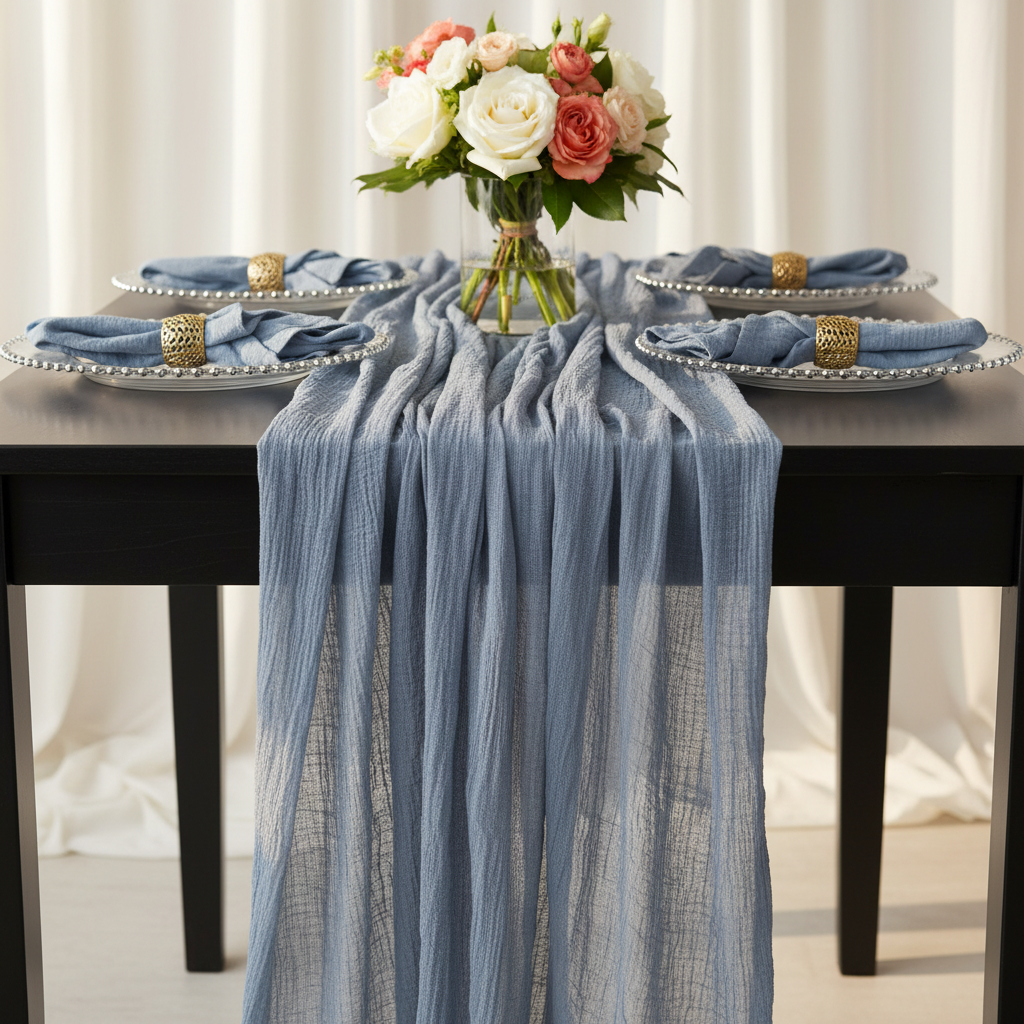 Premium Cheesecloth Table Runner 16FT x 25" - Dusty Blue.