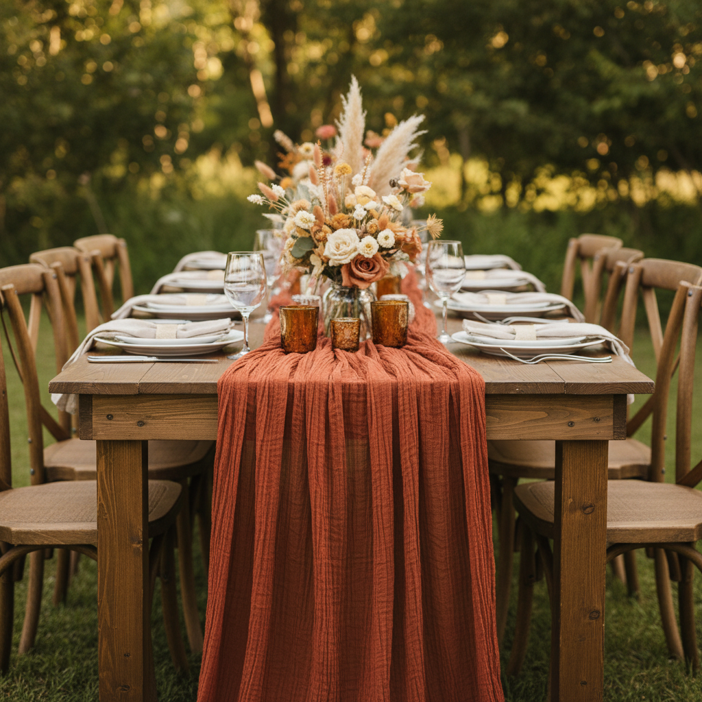 philodendron and cedar table runner Rust Premium Cheesecloth Table Runner Size: 25 in X 16 ft | Wedding | Event