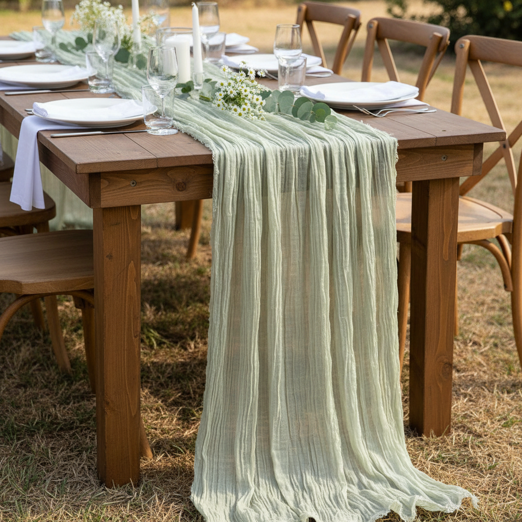 Premium Cheesecloth Table Runner 16FT x 25" - Sage Green in Outdoor Reception.
