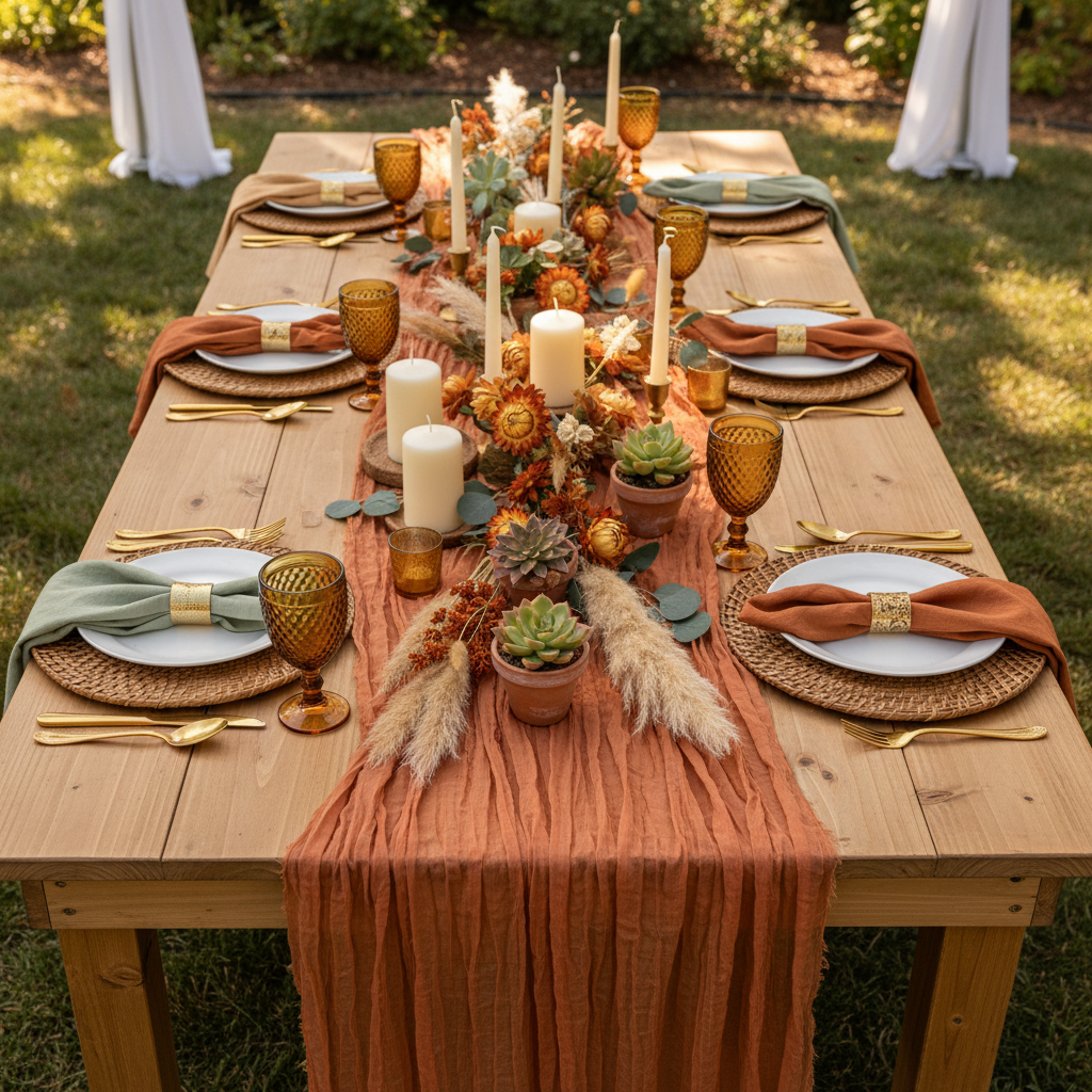 Premium Cheesecloth Table Runner 16FT x 25" - Terracotta in Boho Reception.