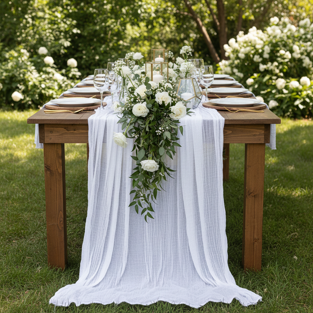Premium Cheesecloth Table Runner 16FT x 25" - White in Outdoor Wedding Reception