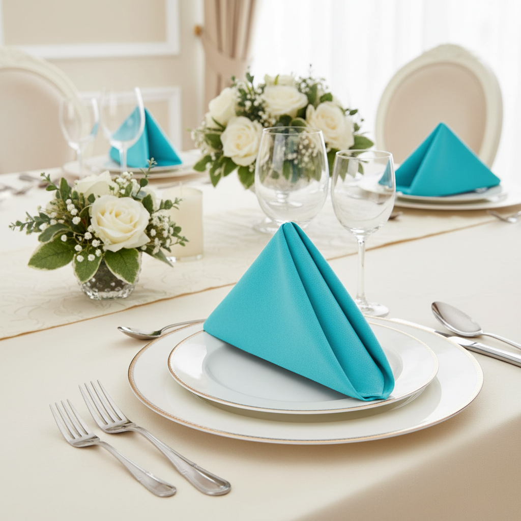 Premium Polyester Napkin 20"x20" - Aqua Blue with White Chairs.