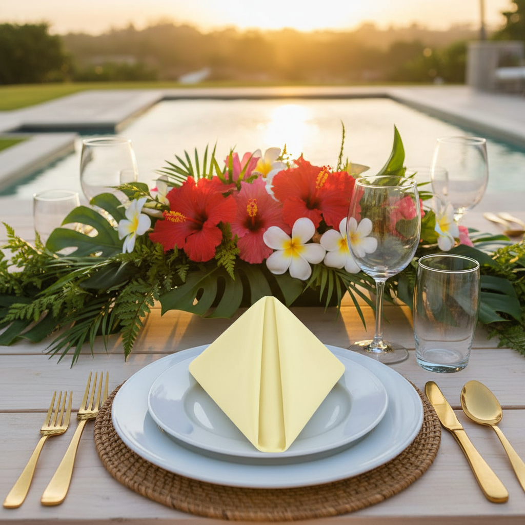 Premium Polyester Napkin 20"x20" - Pastel Yellow in Poolside Reception.