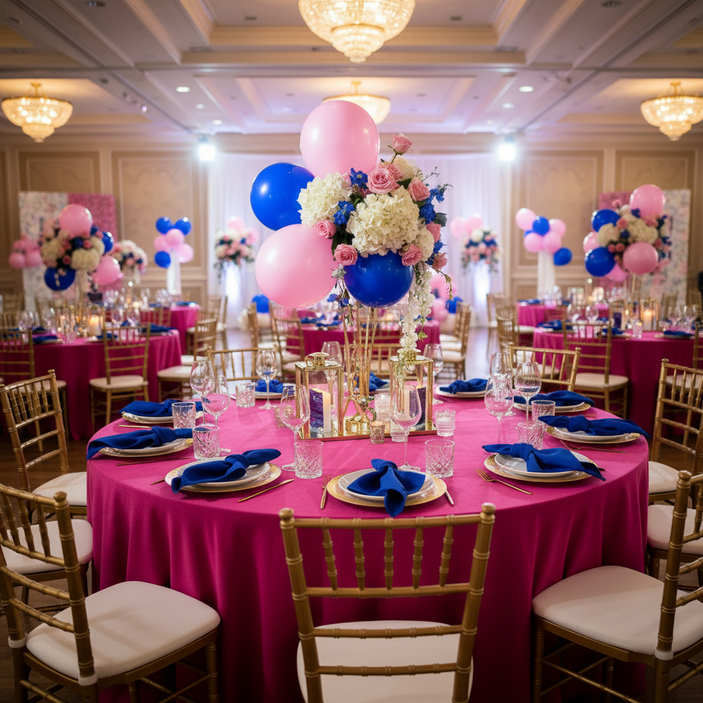 Premium Polyester Napkin 20"x20" - Royal Blue with Chiavari Gold Chairs.