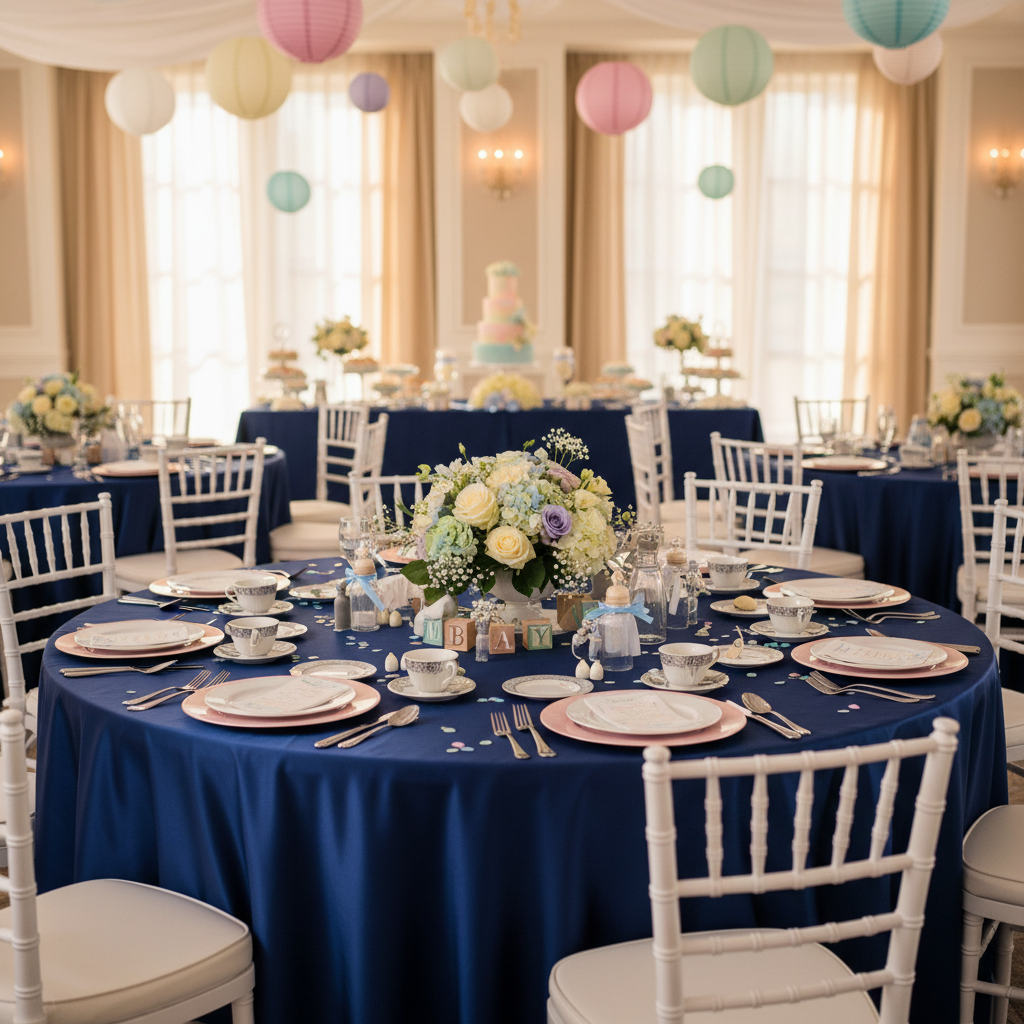 Premium Satin (Wrinkle-Resistant) Round Tablecloth Navy Blue  with blush charger plates, white chiavari chairs for a baby shower