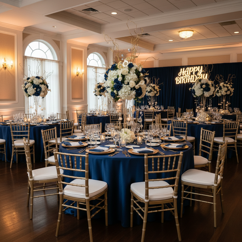 Premium Satin (Wrinkle-Resistant) Round Tablecloth Navy Blue for birthday celebration with gold chairs and happy birthday neon led signage