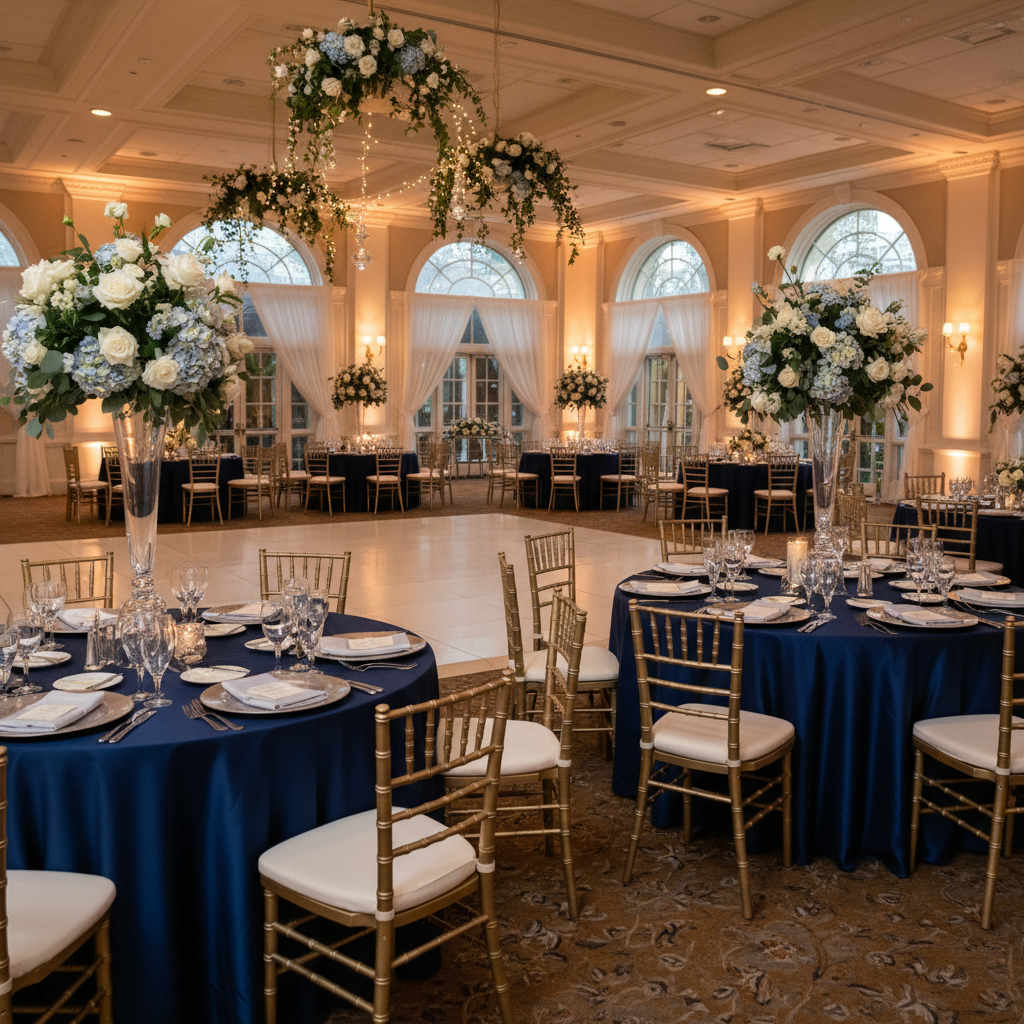 Premium Satin (Wrinkle-Resistant) Round Tablecloth Navy Blue  with silver charger plates, gold chiavari chairs and wine glasses