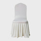 Ivory spandex banquet chair cover with a pleated, ruffled skirt, shown circling to reveal fitted back and flowing base.