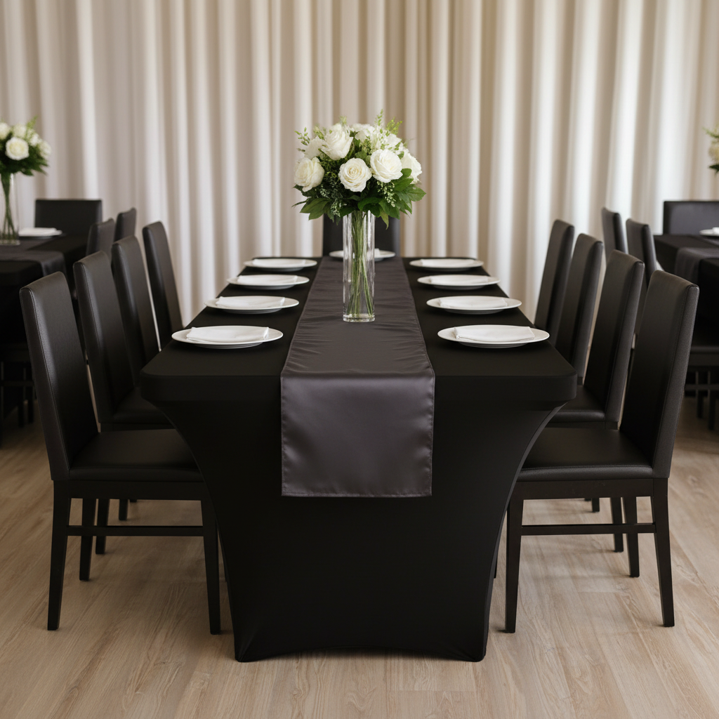 Rectangular 8 FT Spandex Table Cover - Black in Corporate Event Reception.