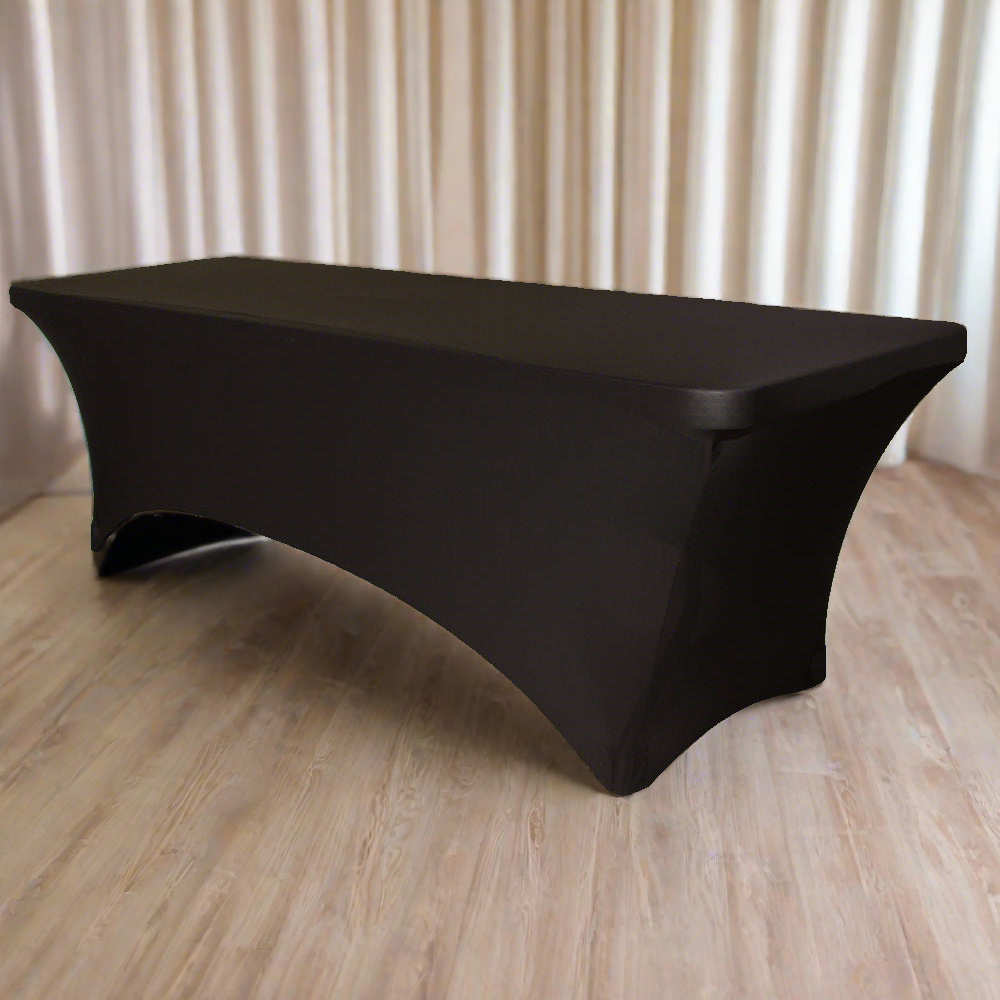 used/fair) Obstal 6ft Stretch Black Spandex Table Cloth for Standard Folding Tables - 2 Pack used/fair) Obstal 6ft Stretch Black Spandex Table Cloth for Standard Folding Tables - 2 Pack