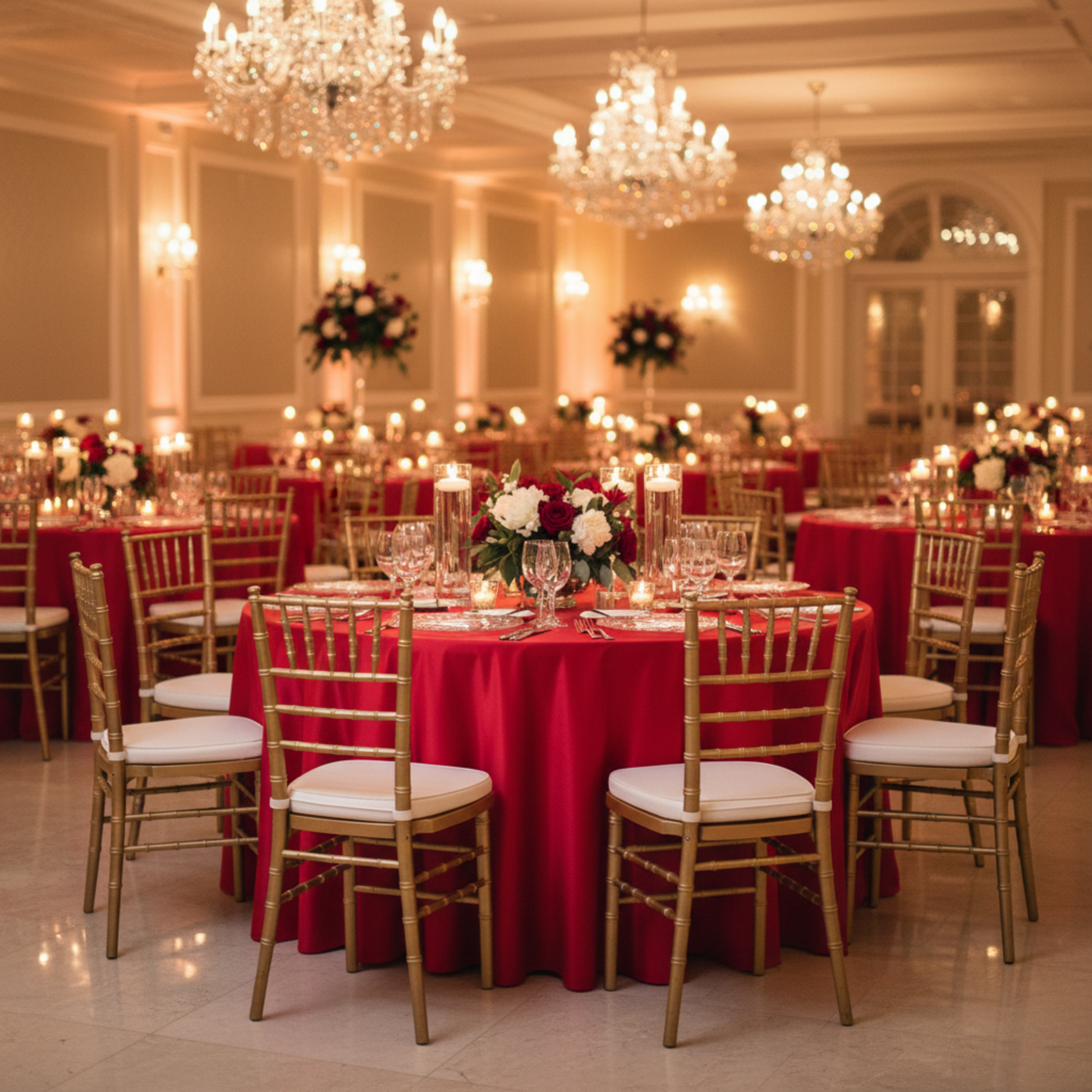 Red Satin 120 Round Tablecloth – Indoor Wedding Reception