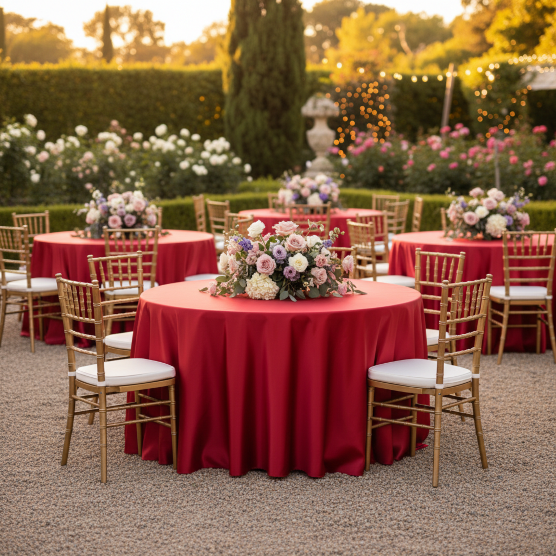Red 120 Round Satin Tablecloth – Outdoor Wedding Reception