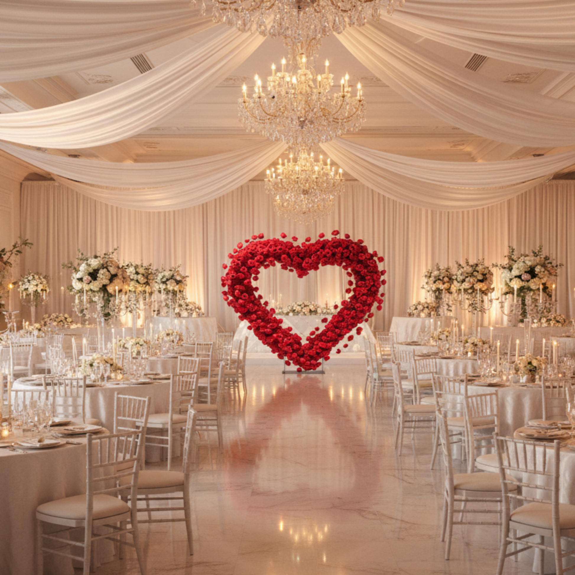 Red Floral Heart Backdrop – Indoor Ballroom Wedding Reception