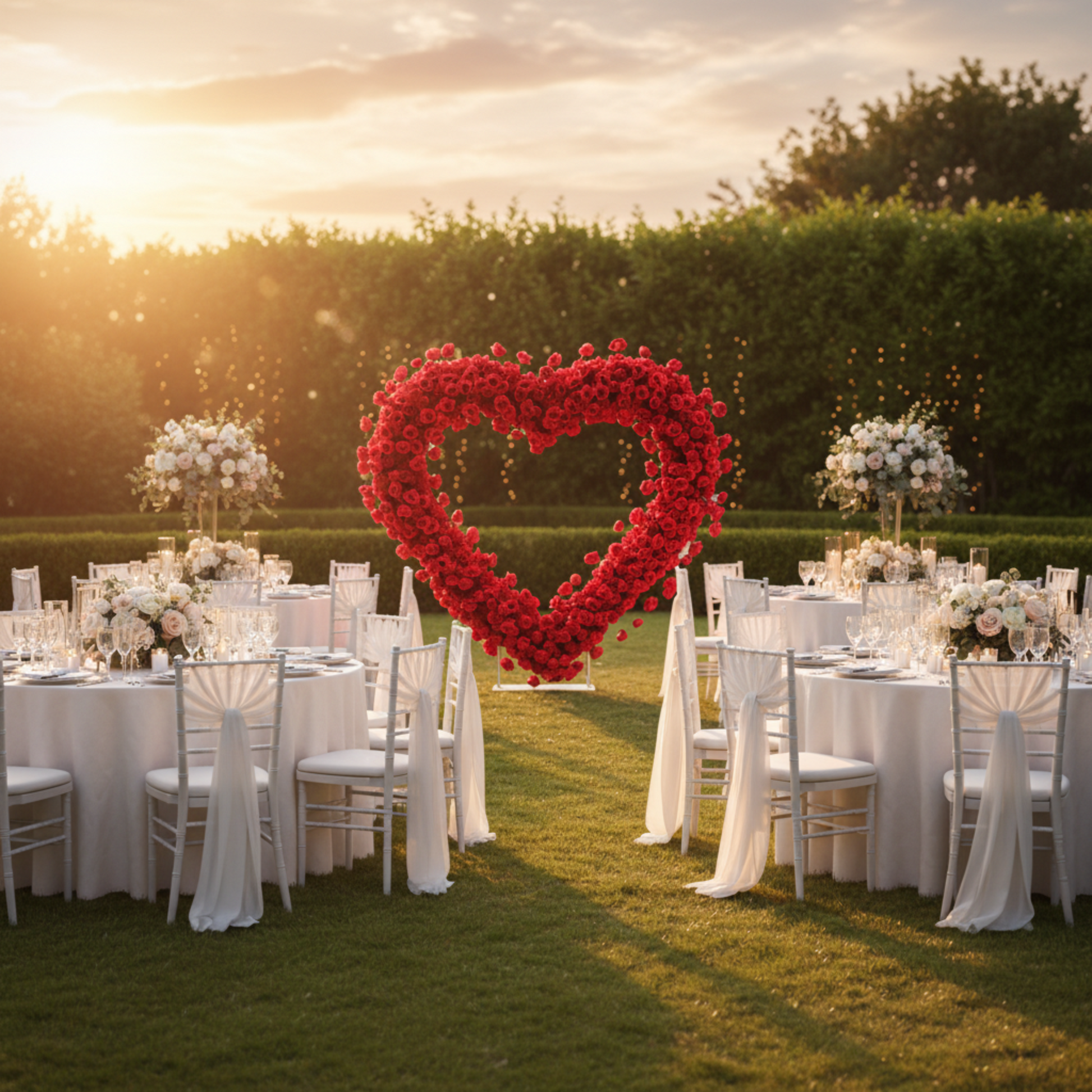 Red Floral Heart Backdrop – Outdoor Wedding Reception