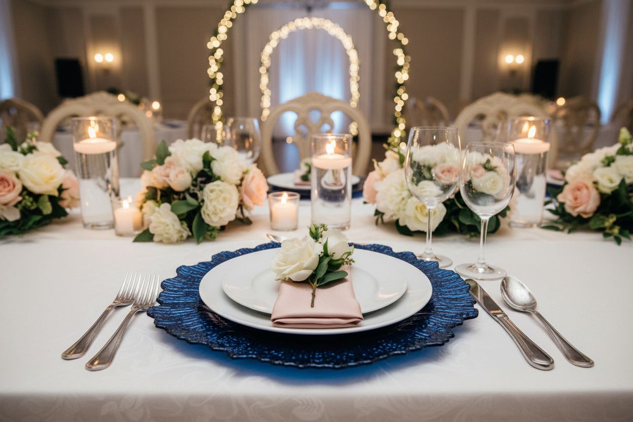 Reef Acrylic Charger Plate - Navy Blue in Wedding Reception.