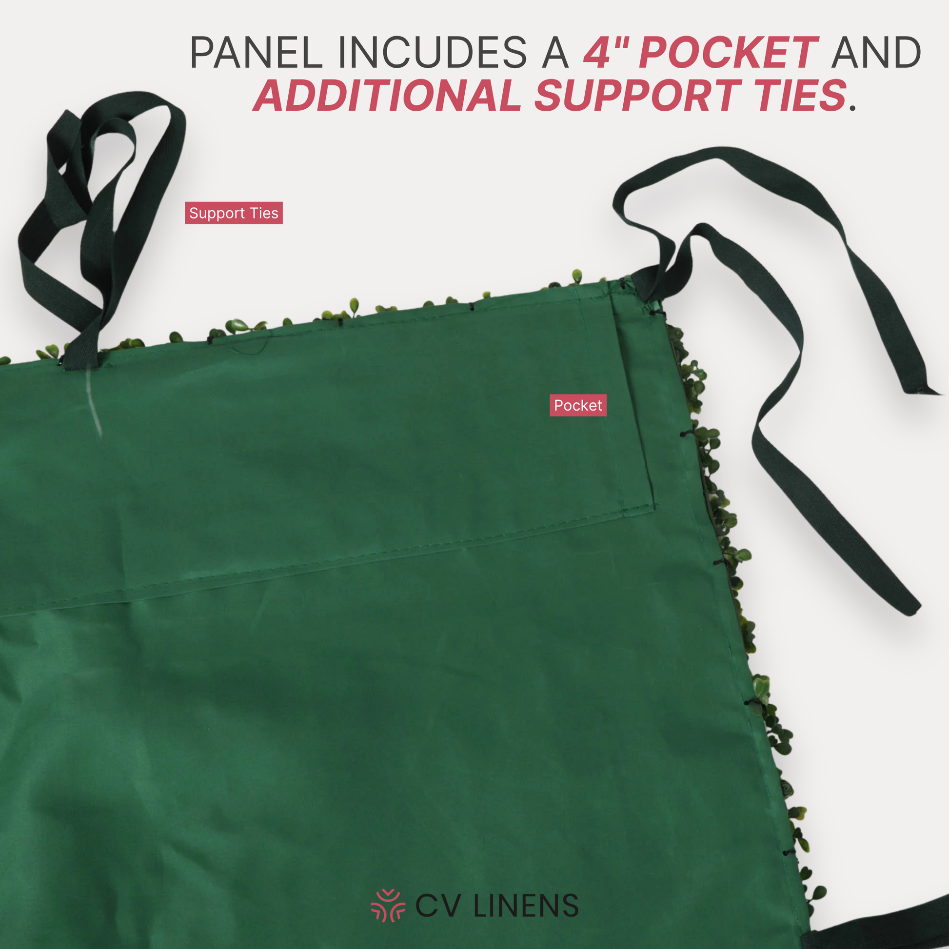 Roll Up Boxwood Greenery Wall Backdrop 8ft x 4ft showing pocket and support ties