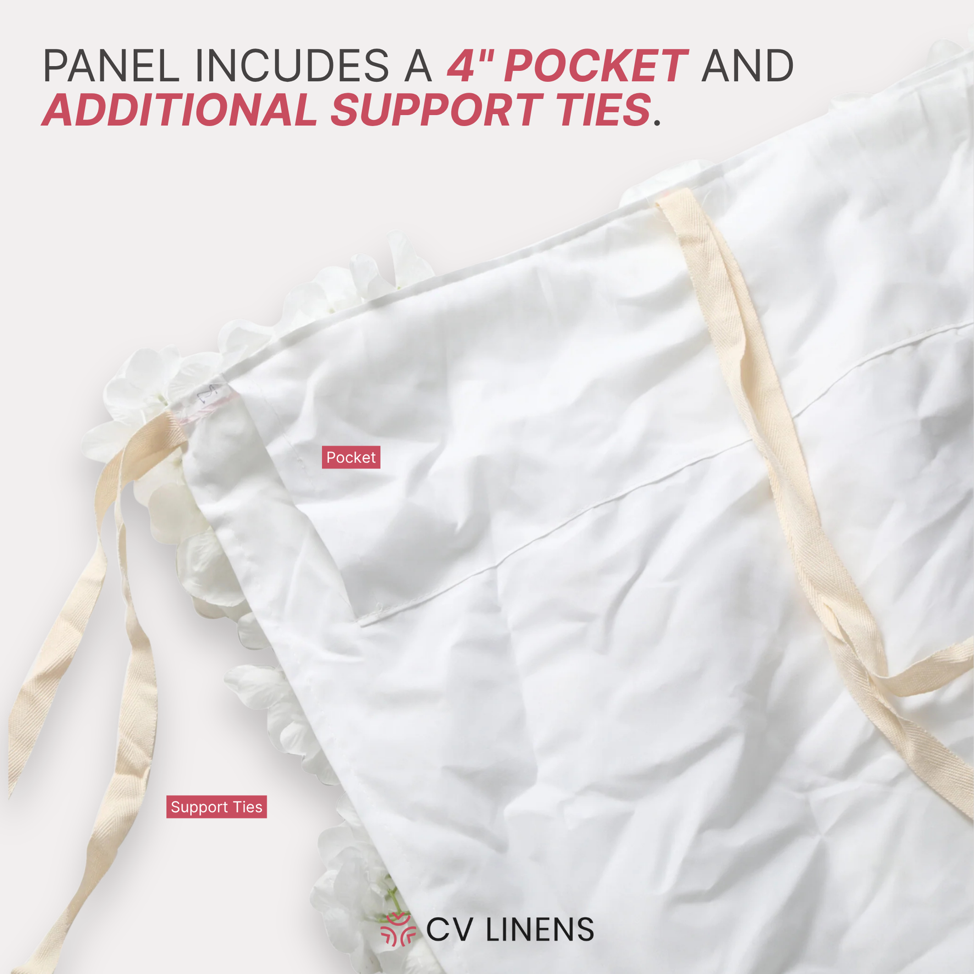 Roll Up Flower Wall Backdrop 8ft x 4ft Ivory showing 4" pocket and support ties