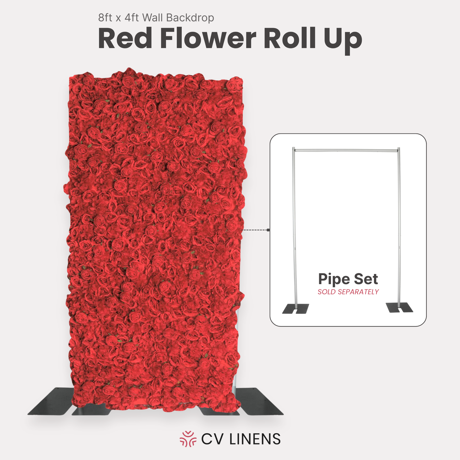 Roll Up Flower Wall Backdrop 8ft x 4ft Red showing pipe set sold separately