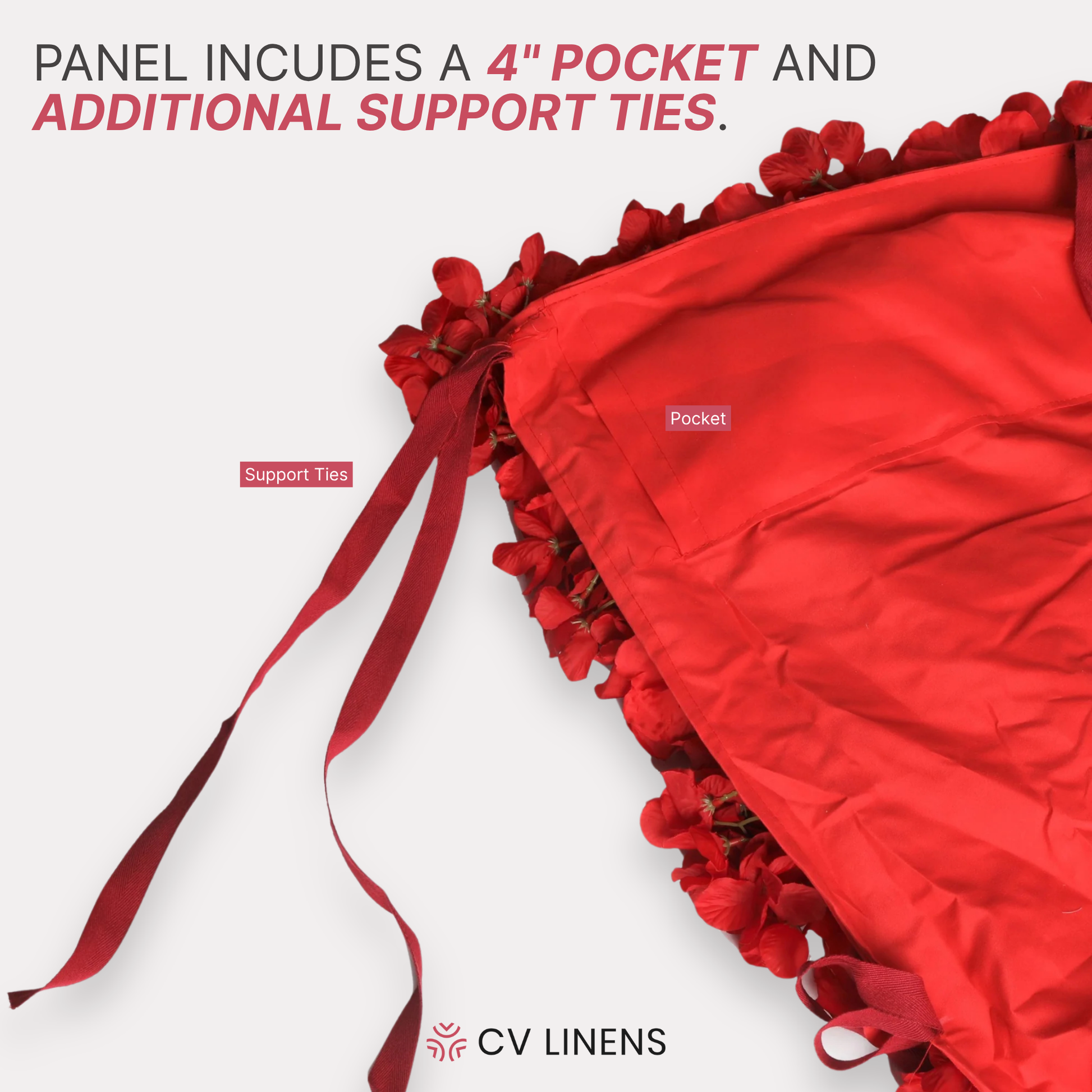 Roll Up Flower Wall Backdrop 8ft x 4ft Red showing 4" pocket and support ties