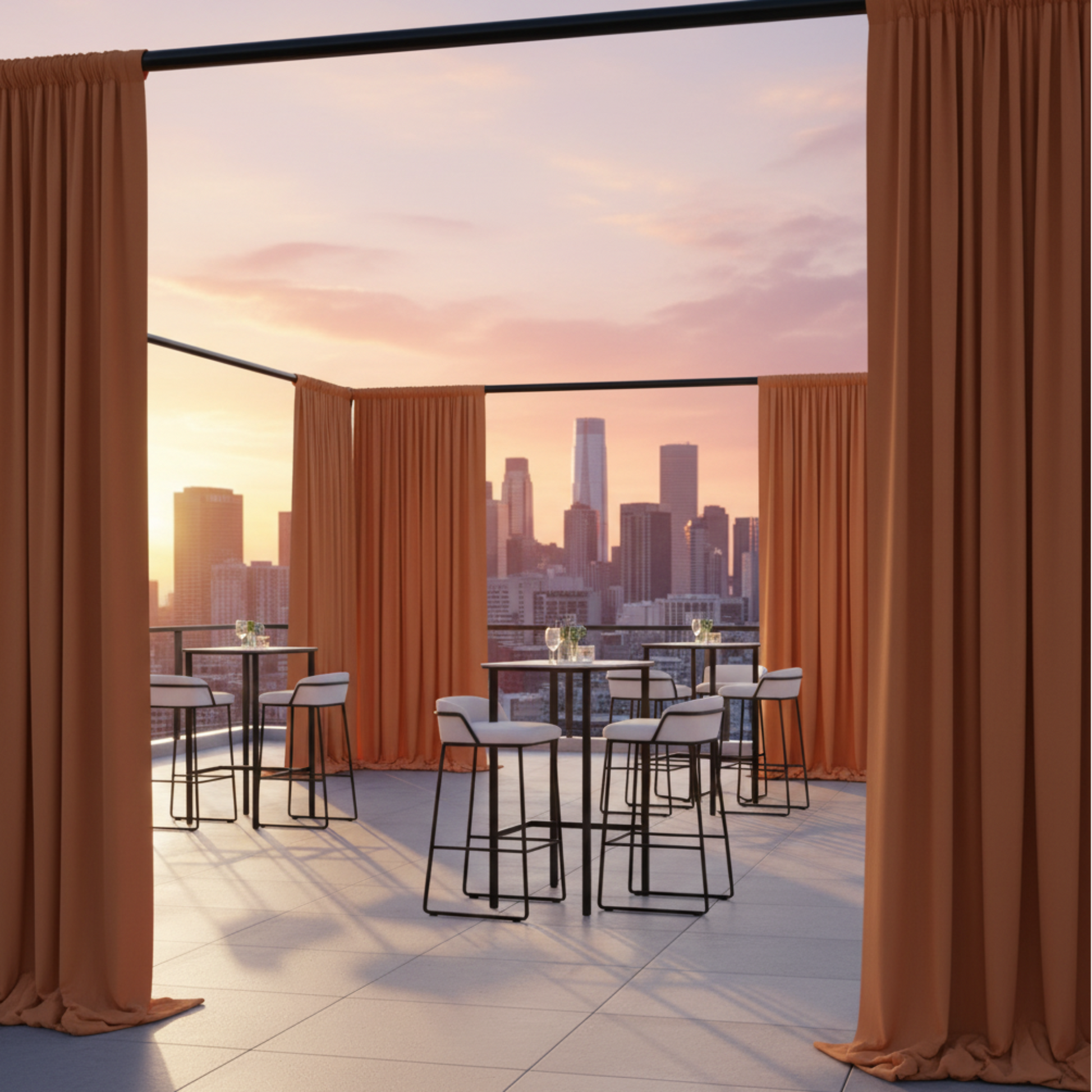 Rooftop corporate event with terracotta drapes