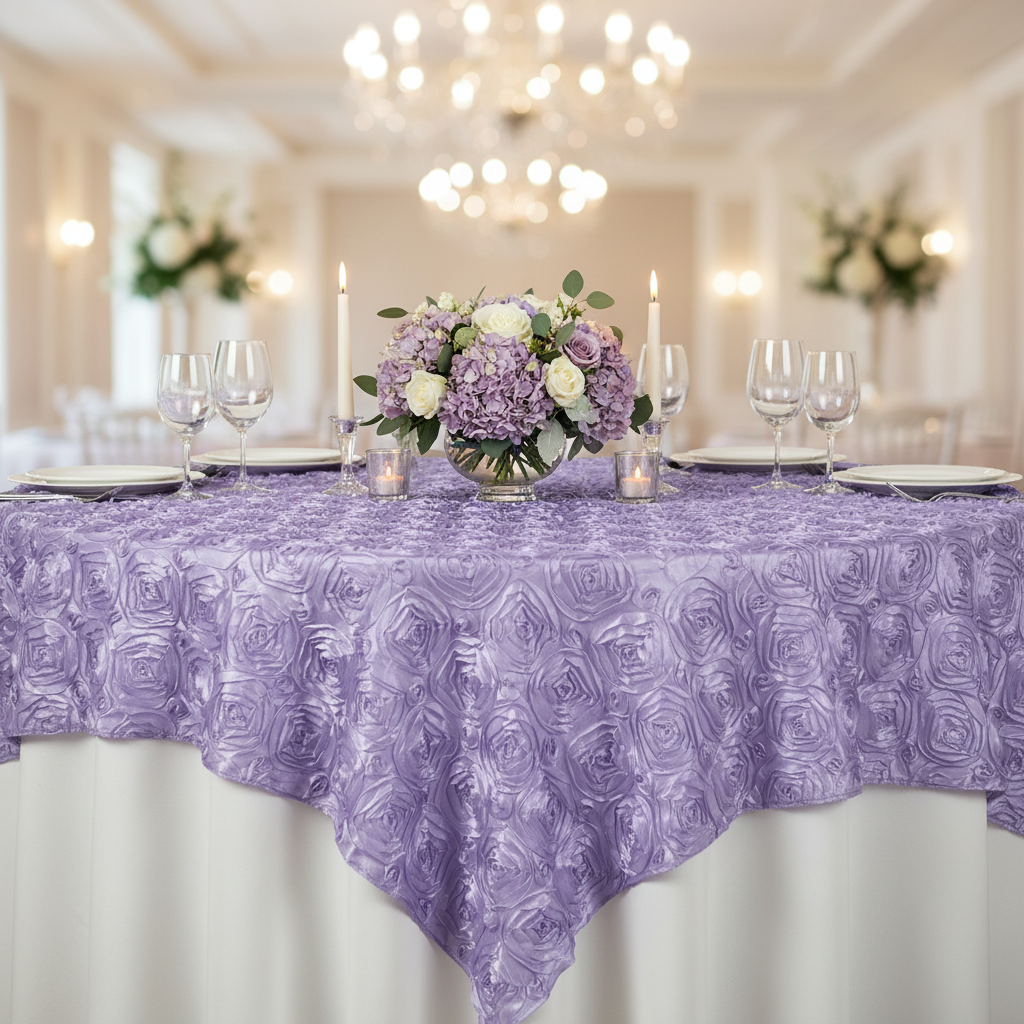 Rosette Satin Table Overlay Topper Lavender Mockup