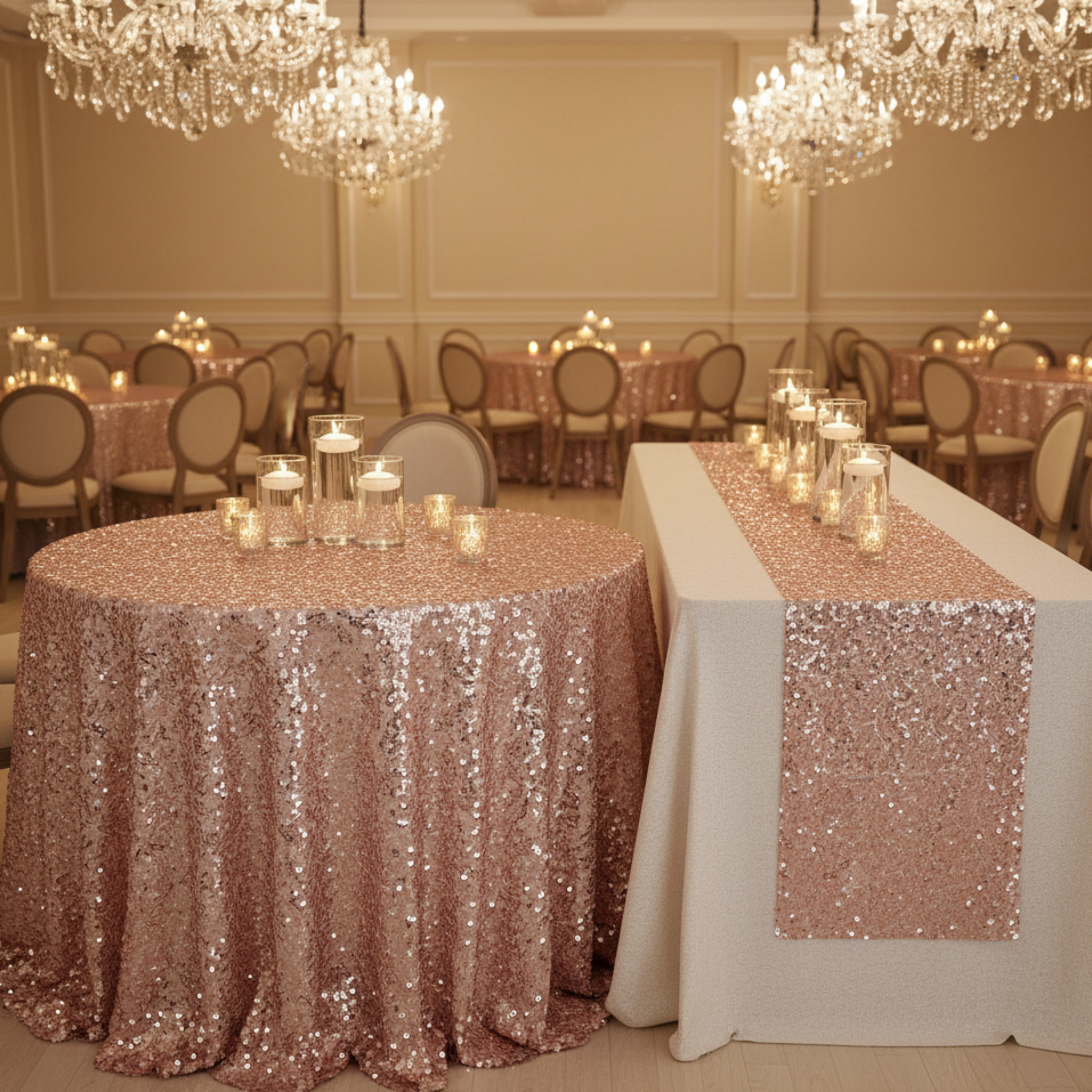 Blush/Rose Gold Glitz Sequin Mesh Net Fabric Roll Bolt Size: 10 Yards x 54 in | Wedding | Event | Wholesale by CV Linens