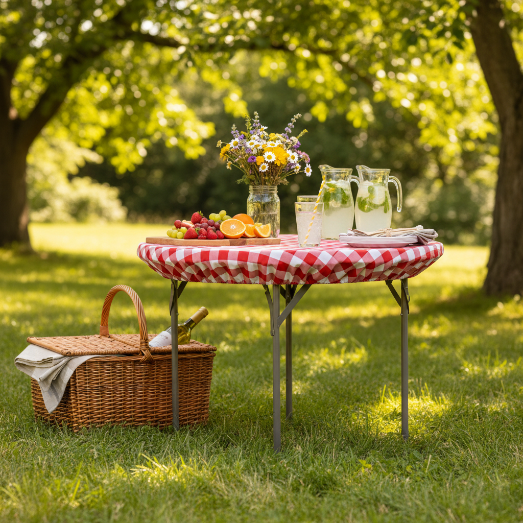 Round Elastic Table Top Cover - Red Checkered Outdoor Picnic Mockup