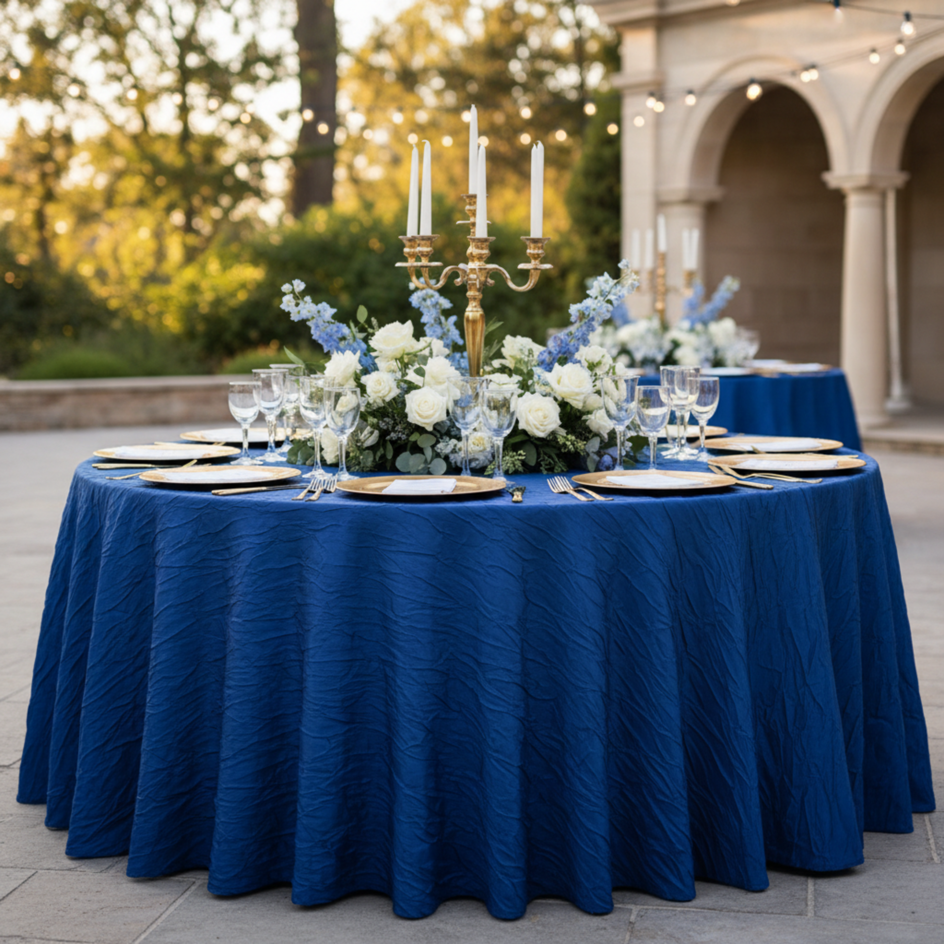Royal Blue Accordion Crinkle Taffeta Tablecloth - Outdoor Wedding Reception