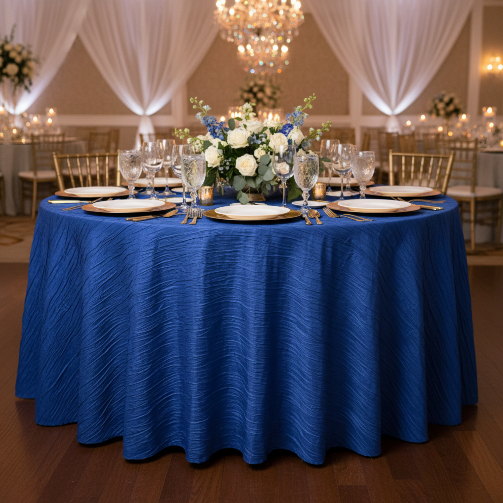 Royal Blue Accordion Crinkle Taffeta Tablecloth - Wedding Reception