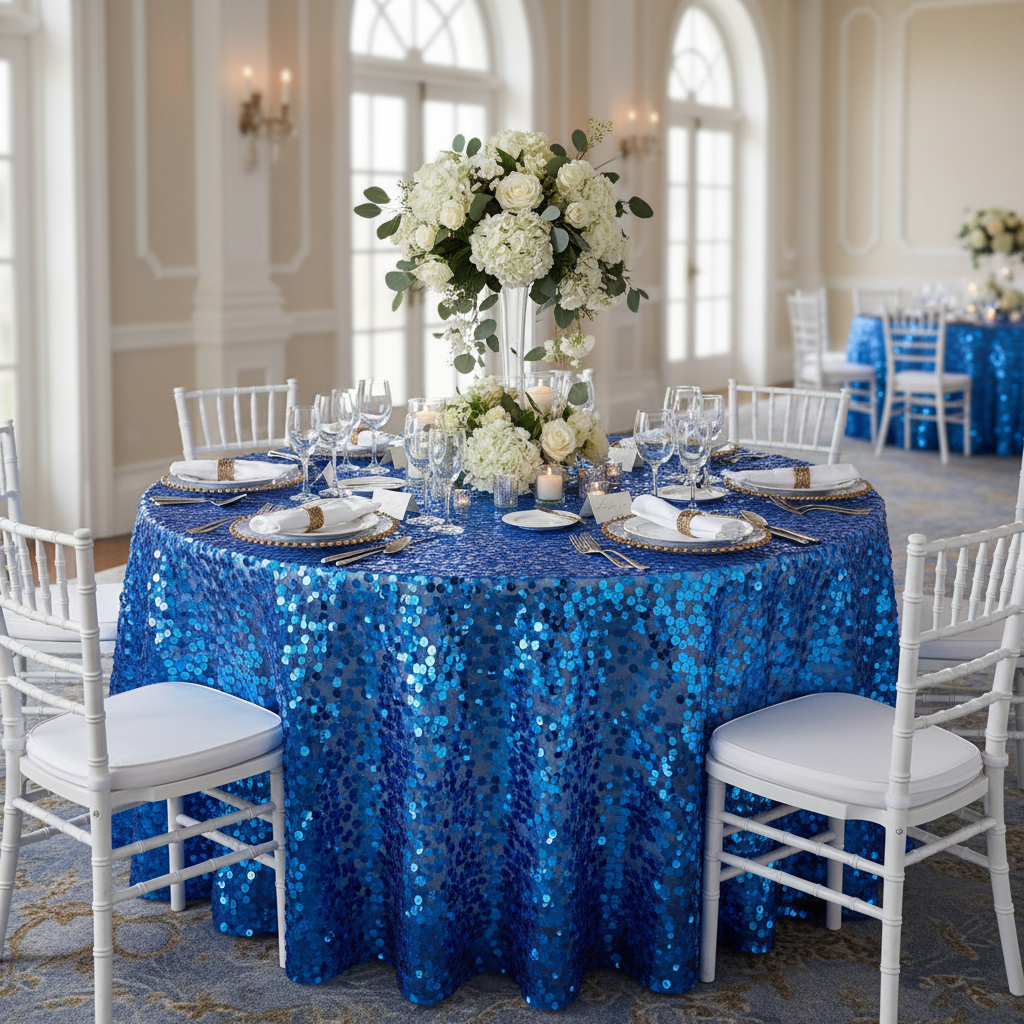 Royal Blue Large Payette Sequin Tablecloth - Environmental Mockup