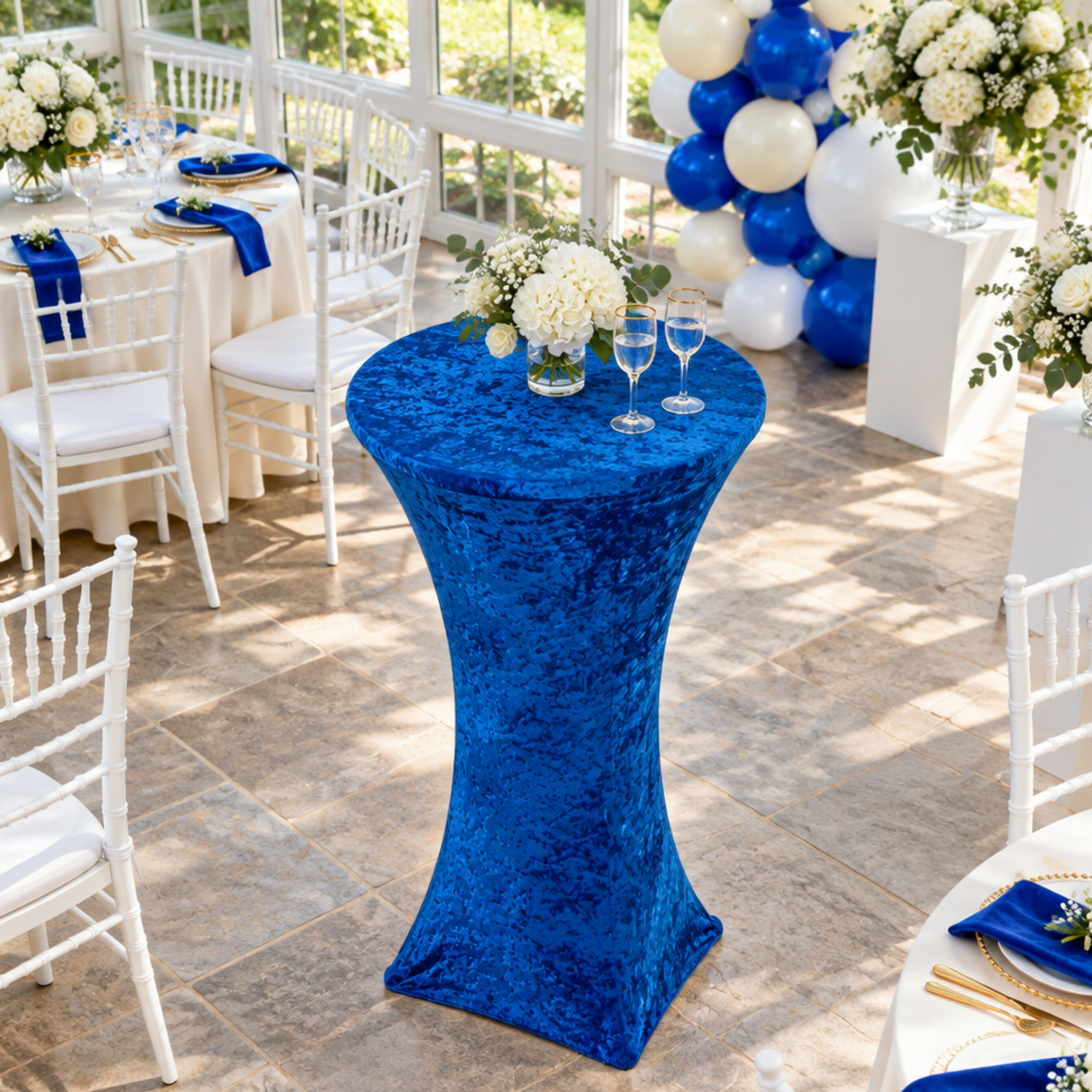 Elevated view of royal blue baby shower styling