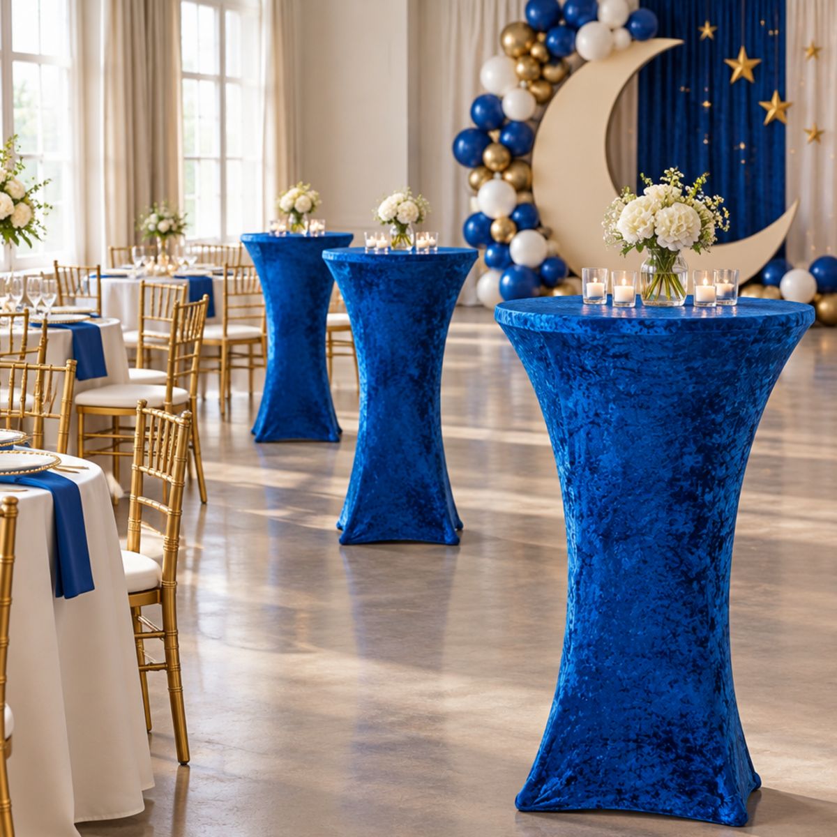 Wide side view of royal blue moon-and-stars baby shower