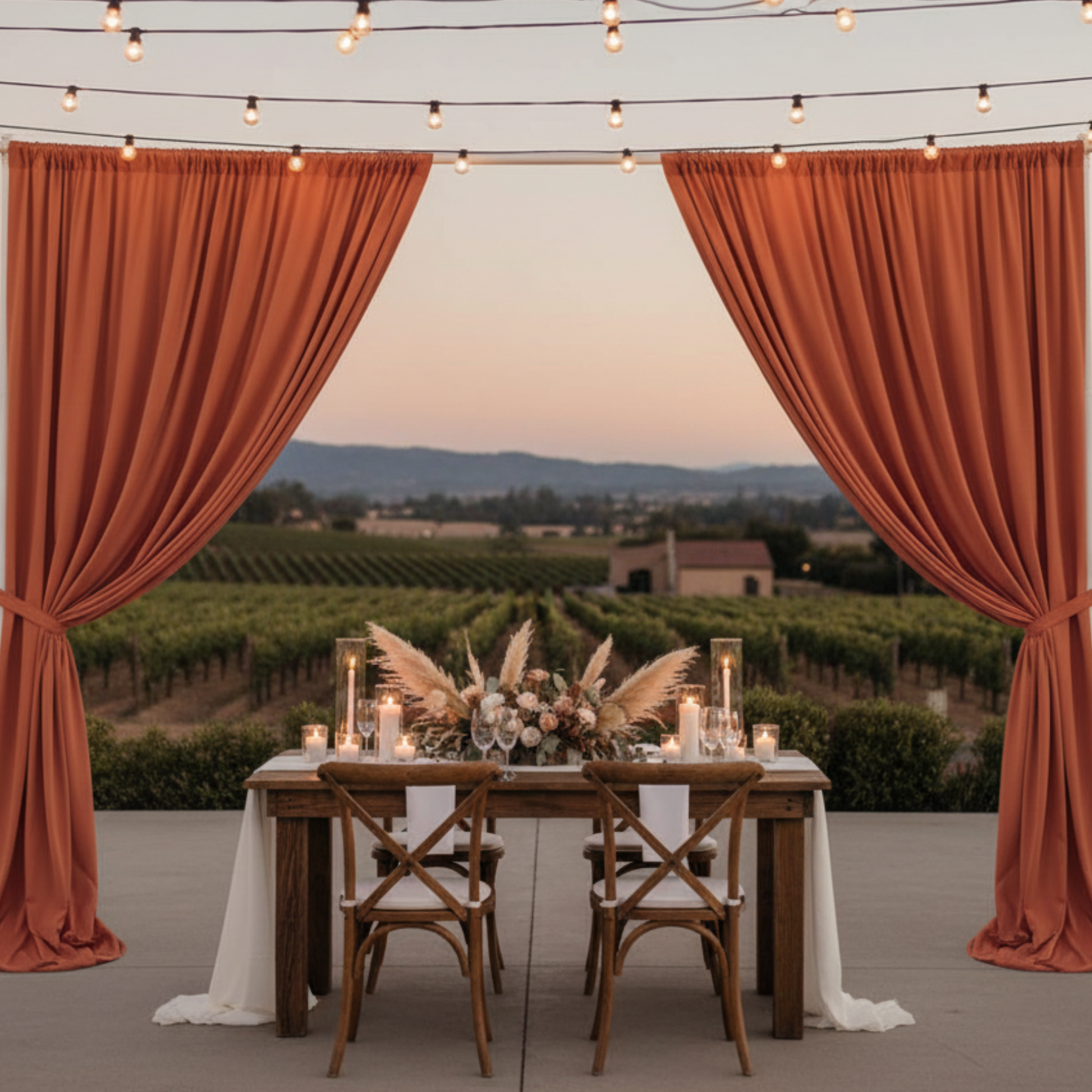 Rust 14FT Spandex Drape Curtain – Outdoor Vineyard Wedding