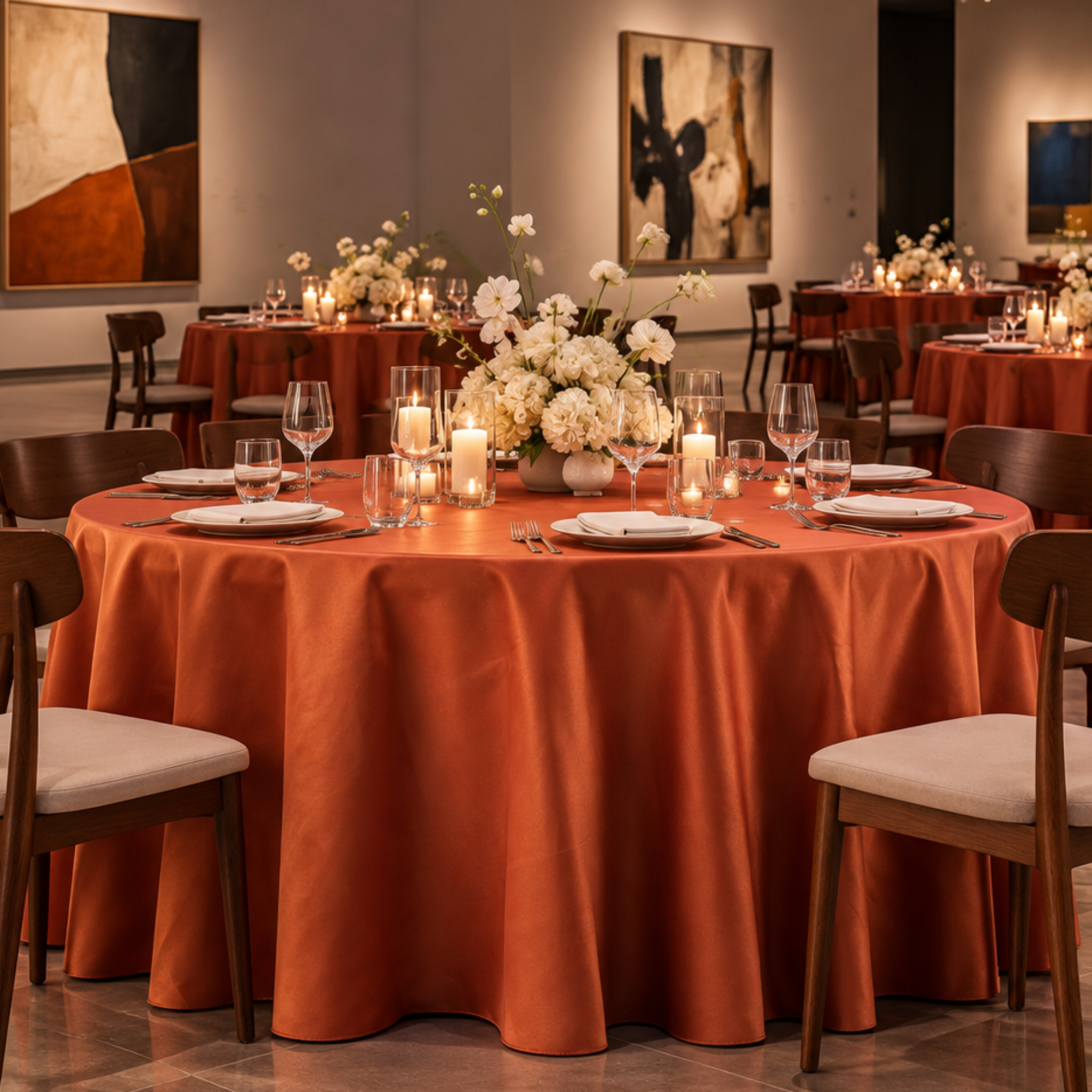 Rust satin tablecloth at a gallery dinner