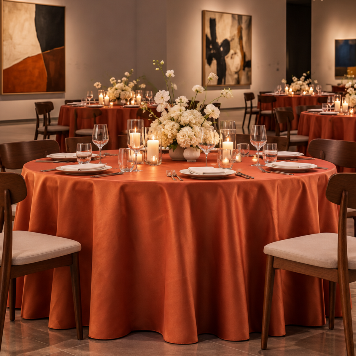 Rust satin tablecloth at a gallery dinner