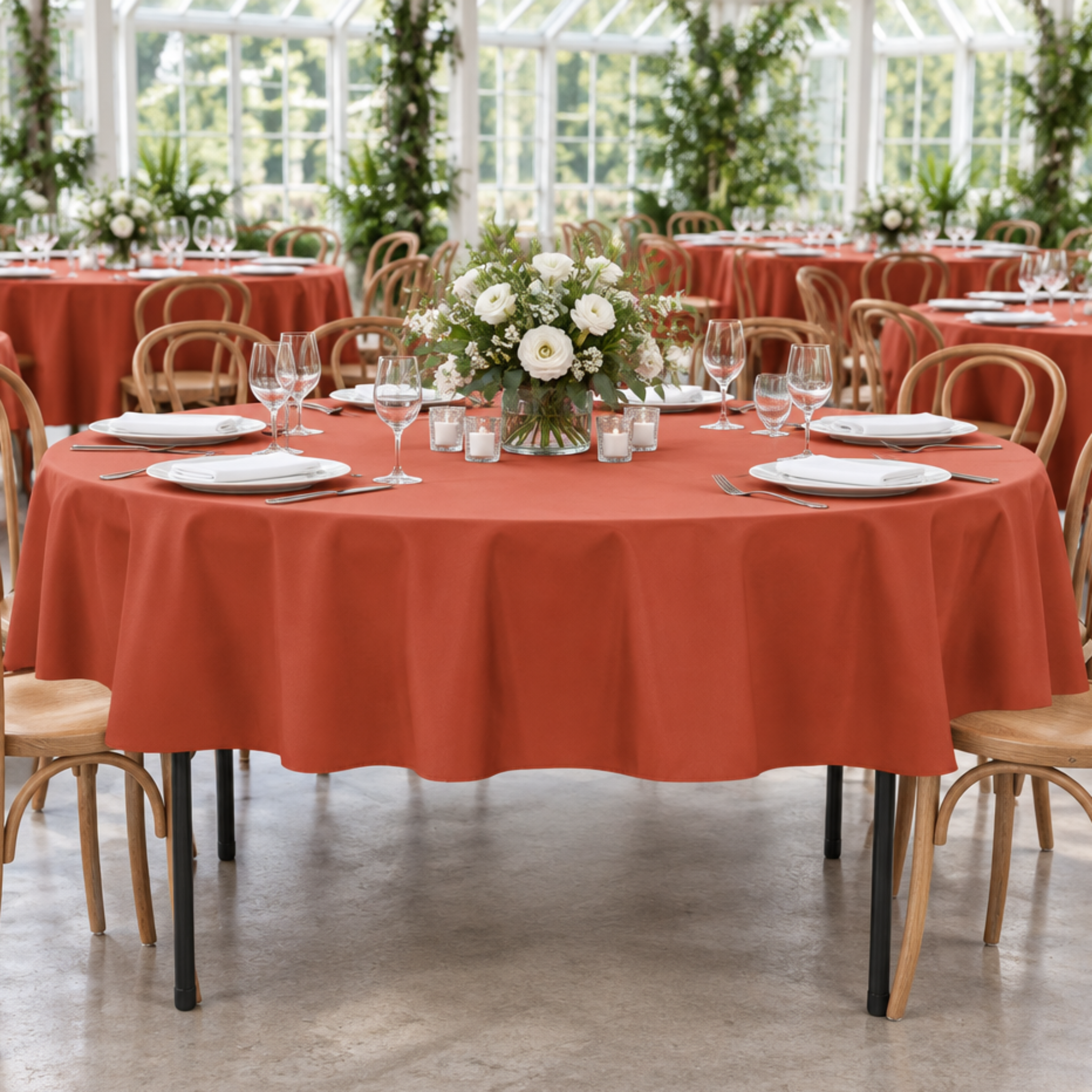 Rust tablecloth in a botanical conservatory wedding