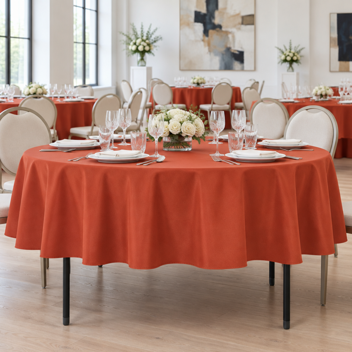 Rust tablecloth at an elegant gallery charity dinner