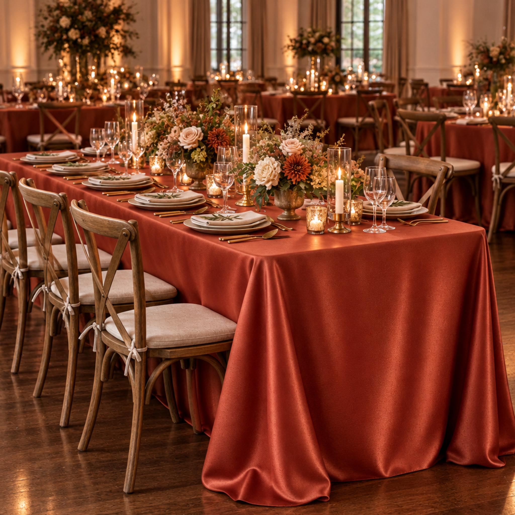 Rust satin tablecloth at an indoor reception