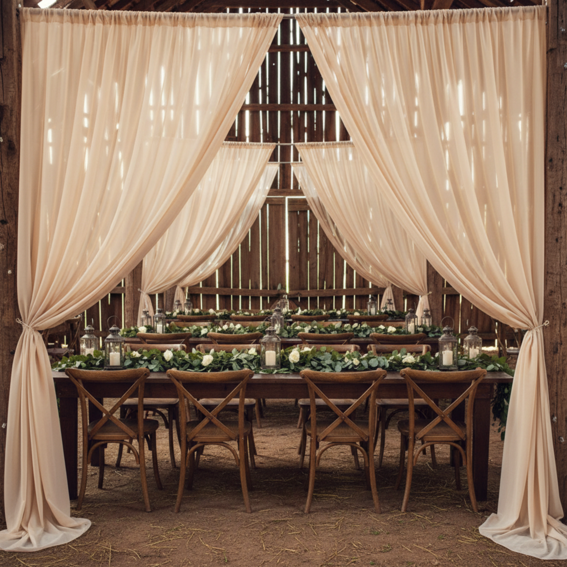 Rustic Barn Wedding with Champagne Chiffon Drapes