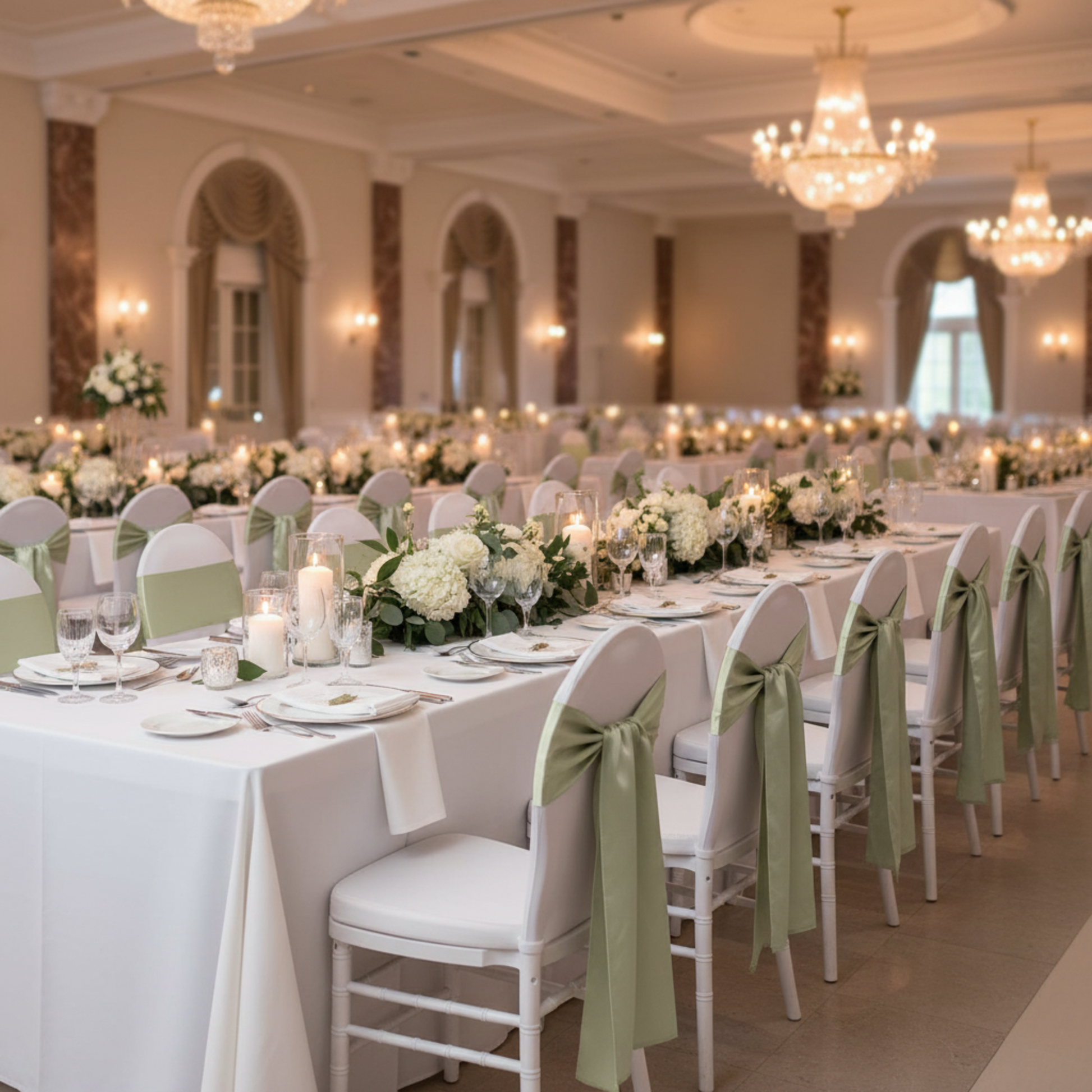 Sage Green Satin Chair Sash – Indoor Banquet Setting