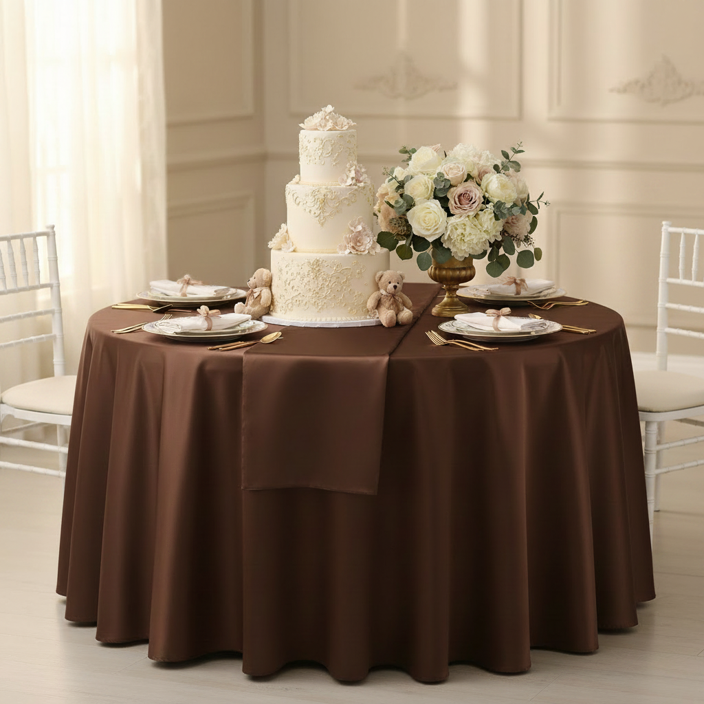 Satin 108" Round Tablecloth - Chocolate Brown.