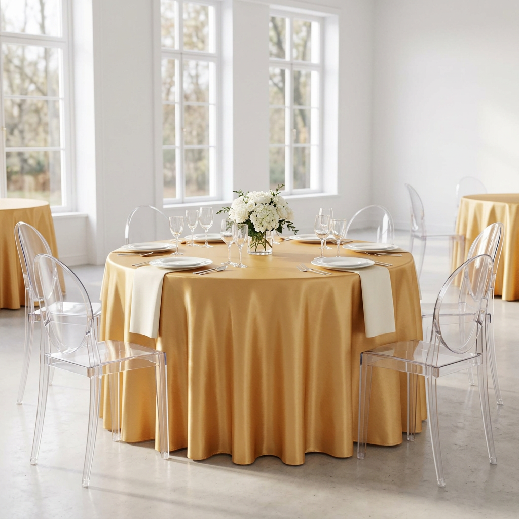 Satin 108" Round Tablecloth - Gold Antique.
