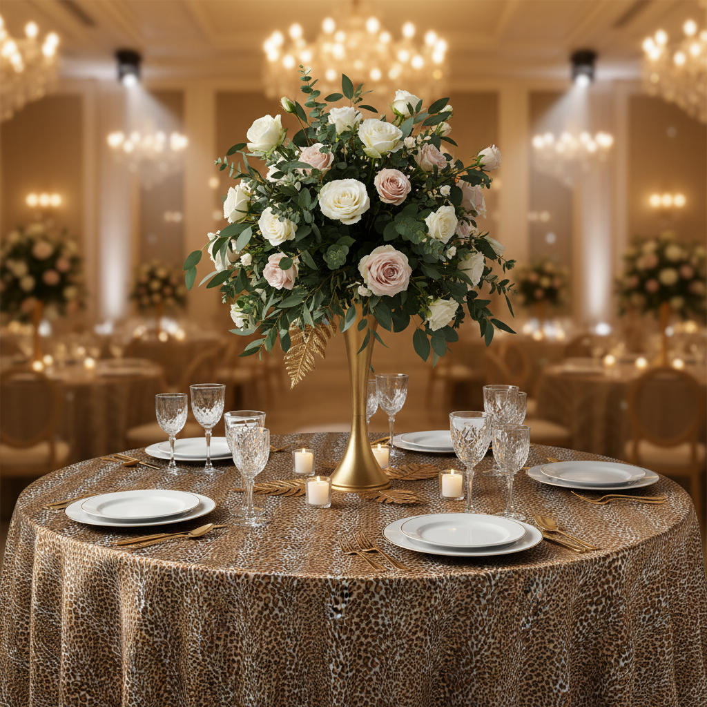 Satin 120" Round Tablecloth - Leopard Design in Indoor Reception.