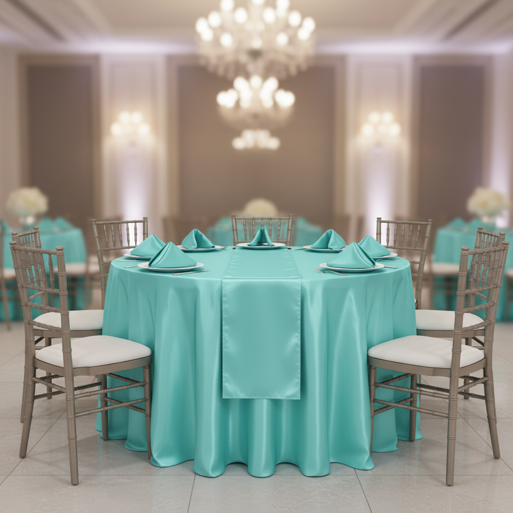 Satin 120" Round Tablecloth - Light Turquoise.