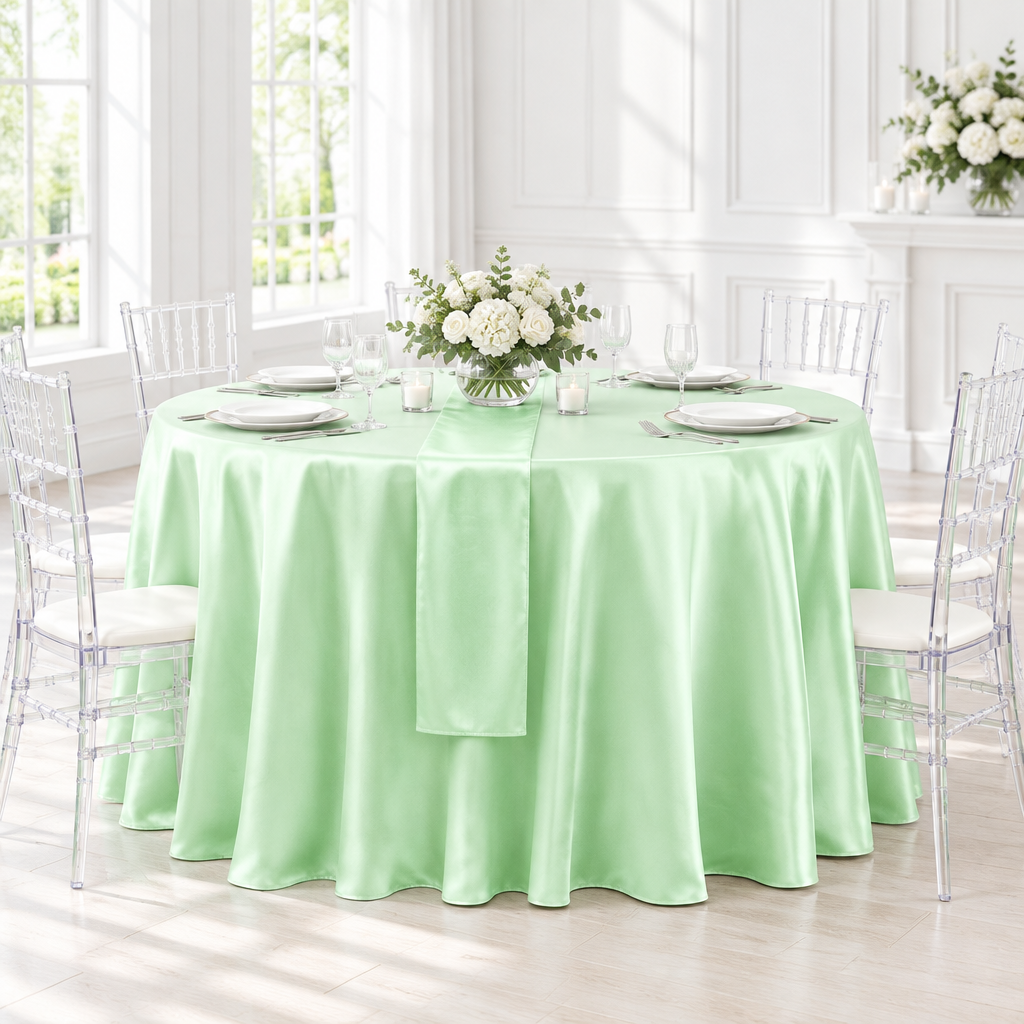 Satin 120" Round Tablecloth - Mint Green.