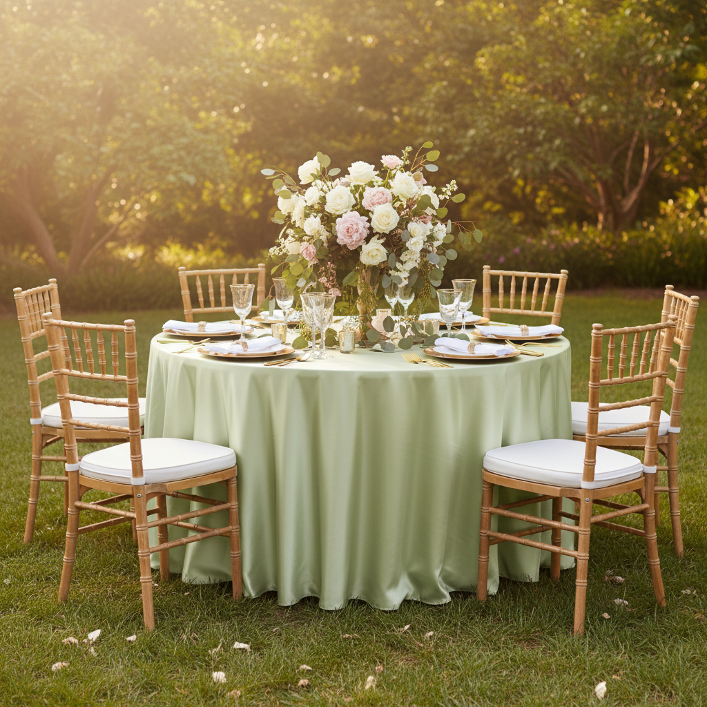 Satin 120" Round Tablecloth - Sage Green in Outdoor Spring Reception with Chiavari Gold Chairs.