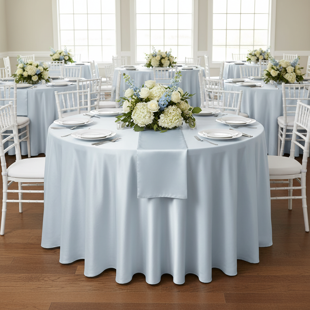 Satin 132" Round Tablecloth - Dusty Blue.