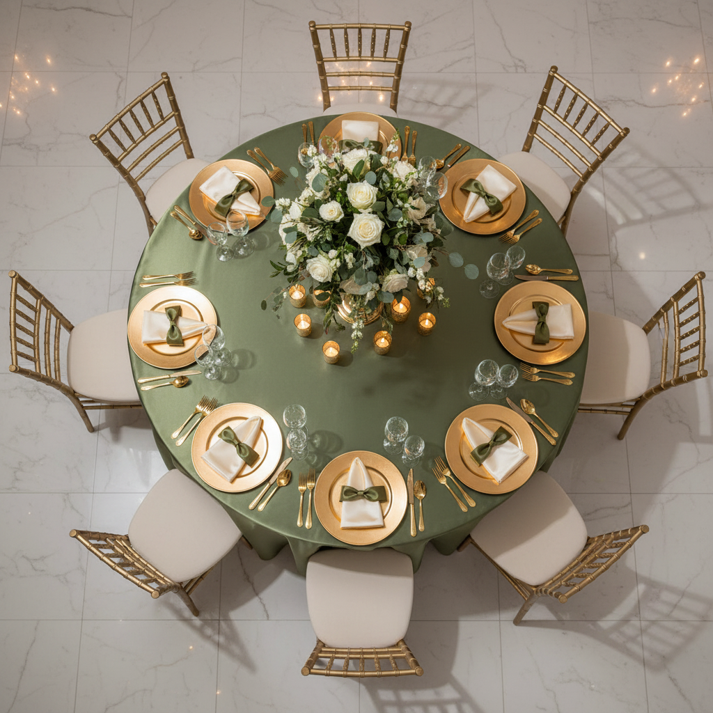 Satin 132" Round Tablecloth - Willow Green with Chiavari Gold Chairs in Bird's Eye View Point.