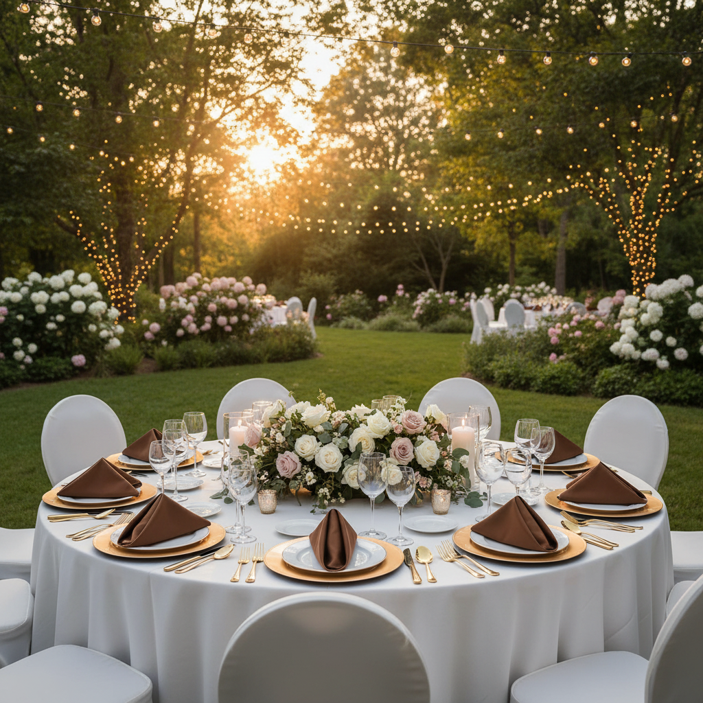Satin Napkin 20"x20" - Chocolate Brown in Outdoor Reception with Banquet Chairs.